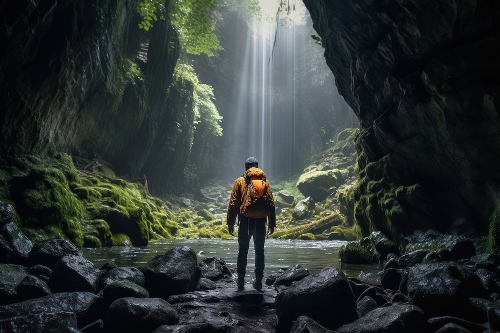 Man wearing backpack photography recreation waterfall. AI generated Image by rawpixel.