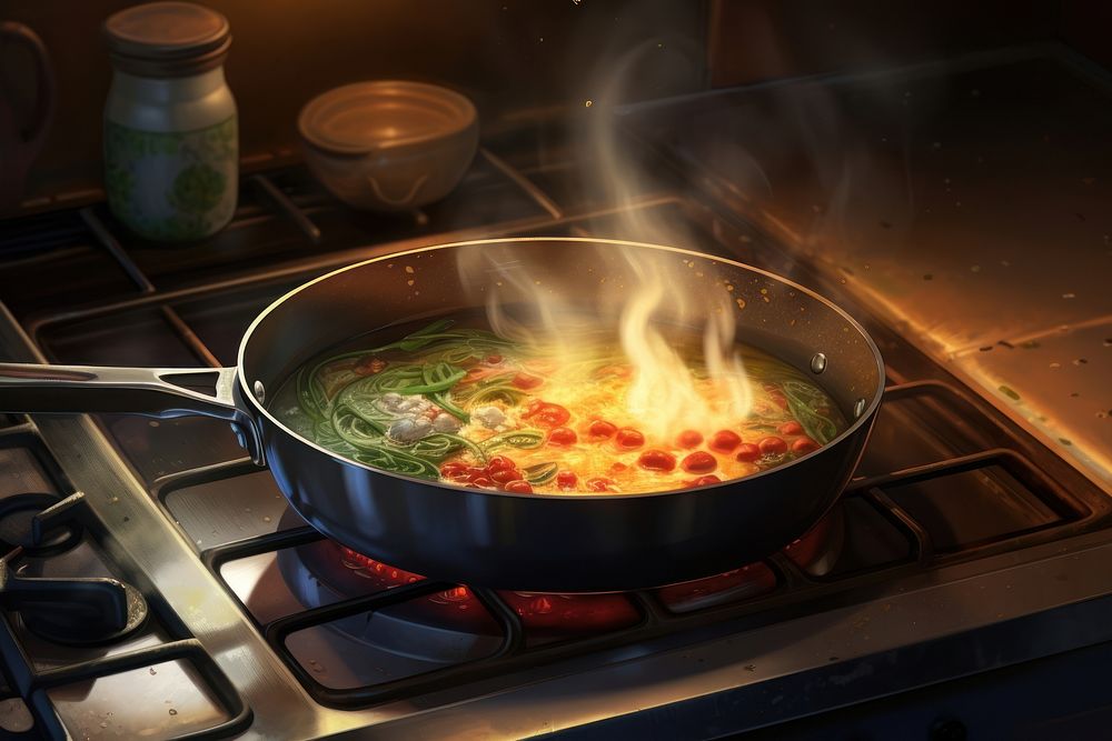 Cooking food in pan kitchen appliance vegetable. AI generated Image by rawpixel.