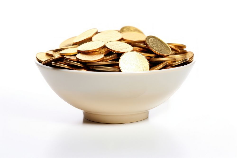 Coins in a bowl money white background investment. AI generated Image by rawpixel.