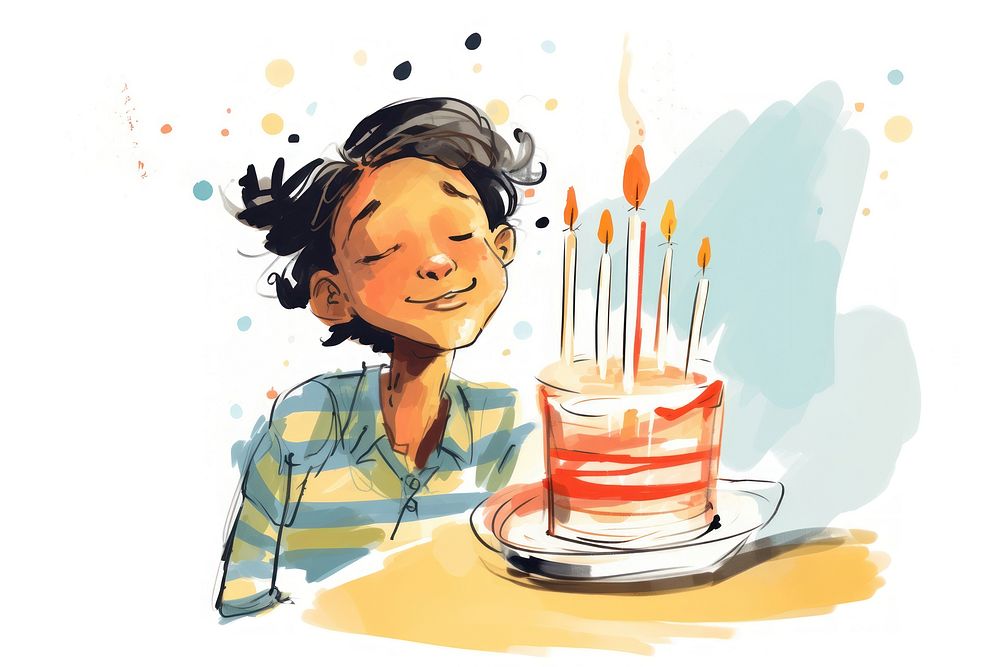 Black kid blow birthday cake drawing sketch dessert. AI generated Image by rawpixel.
