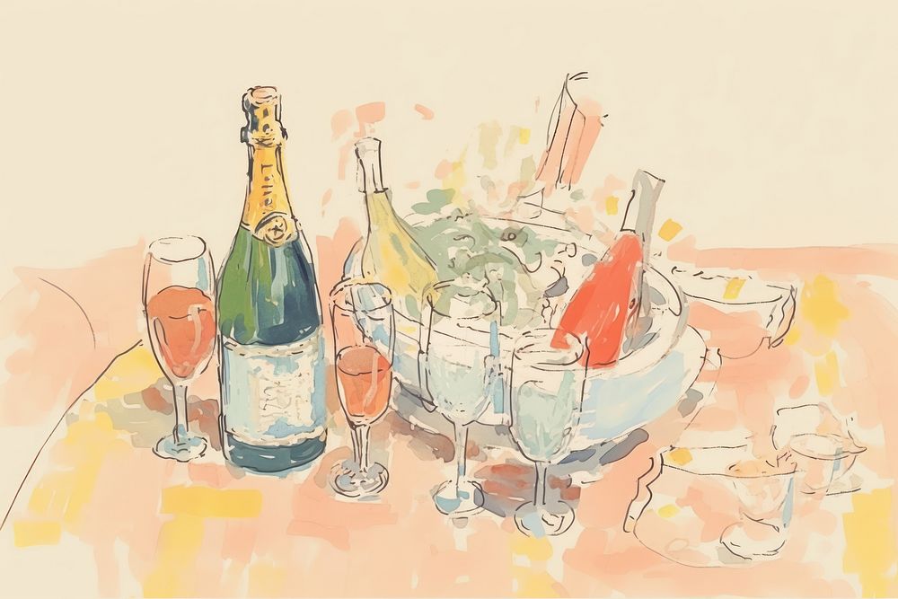 Bottle pour glass of champagne towers bottle sketch painting. AI generated Image by rawpixel.