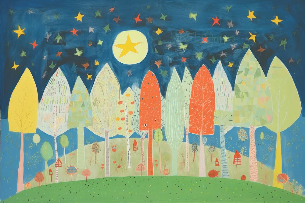 Forest on night sky backgrounds painting outdoors. AI generated Image by rawpixel.