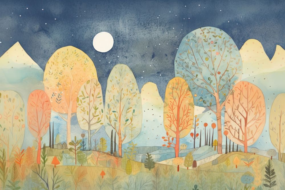 Forest on night sky outdoors painting drawing. 