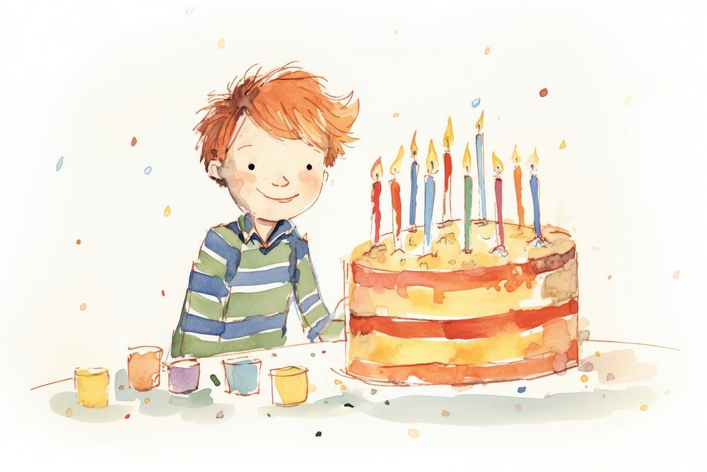 Kid blow birthday cake dessert drawing candle. AI generated Image by rawpixel.