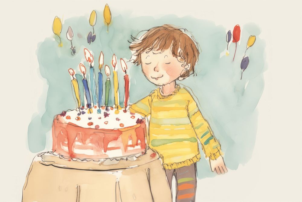 Kid blow birthday cake dessert drawing candle. AI generated Image by rawpixel.