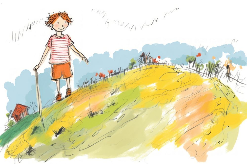 Kid hiking on hill outdoors drawing sketch. AI generated Image by rawpixel.
