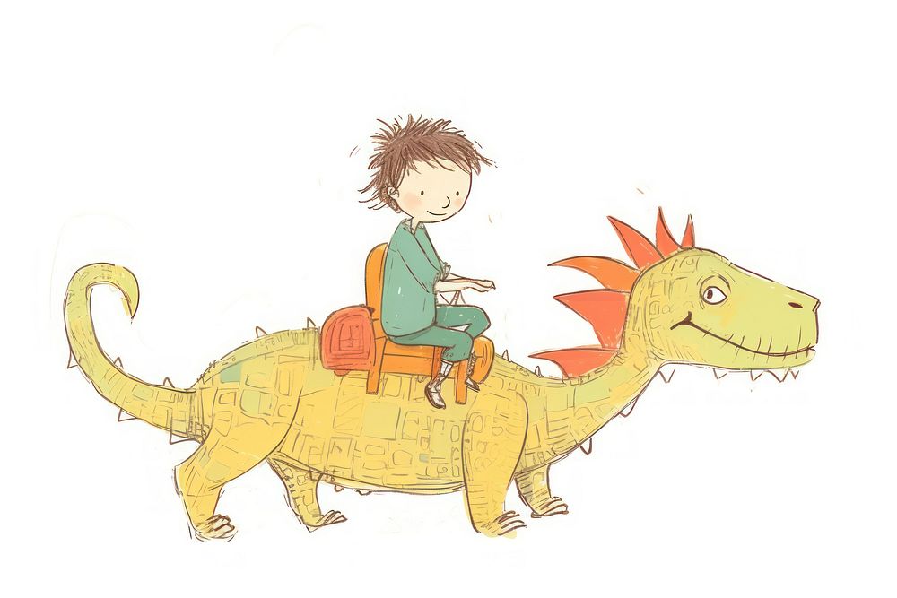 Kid ride dinosaur drawing sketch animal. AI generated Image by rawpixel.