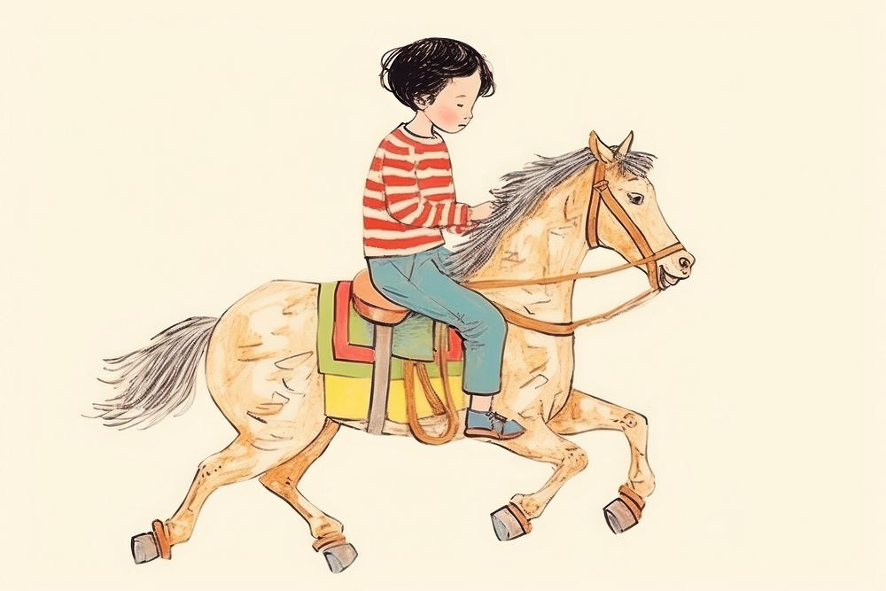 Kid ride horse drawing sketch mammal. AI generated Image by rawpixel.