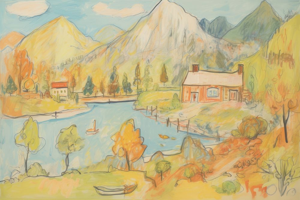 Mountain and lake architecture painting outdoors. AI generated Image by rawpixel.