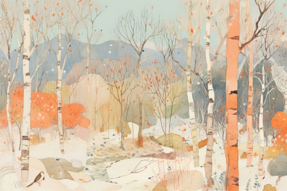 Winter forest backgrounds painting drawing. AI generated Image by rawpixel.