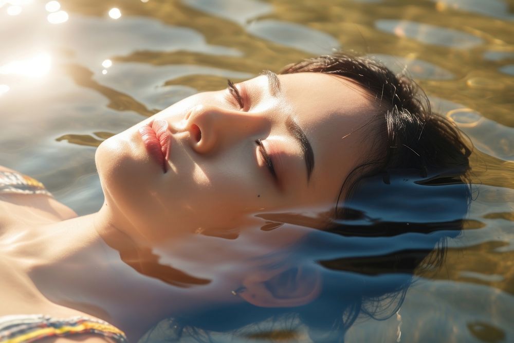 Asian woman laying in a swimming pool reflection portrait vacation. AI generated Image by rawpixel.