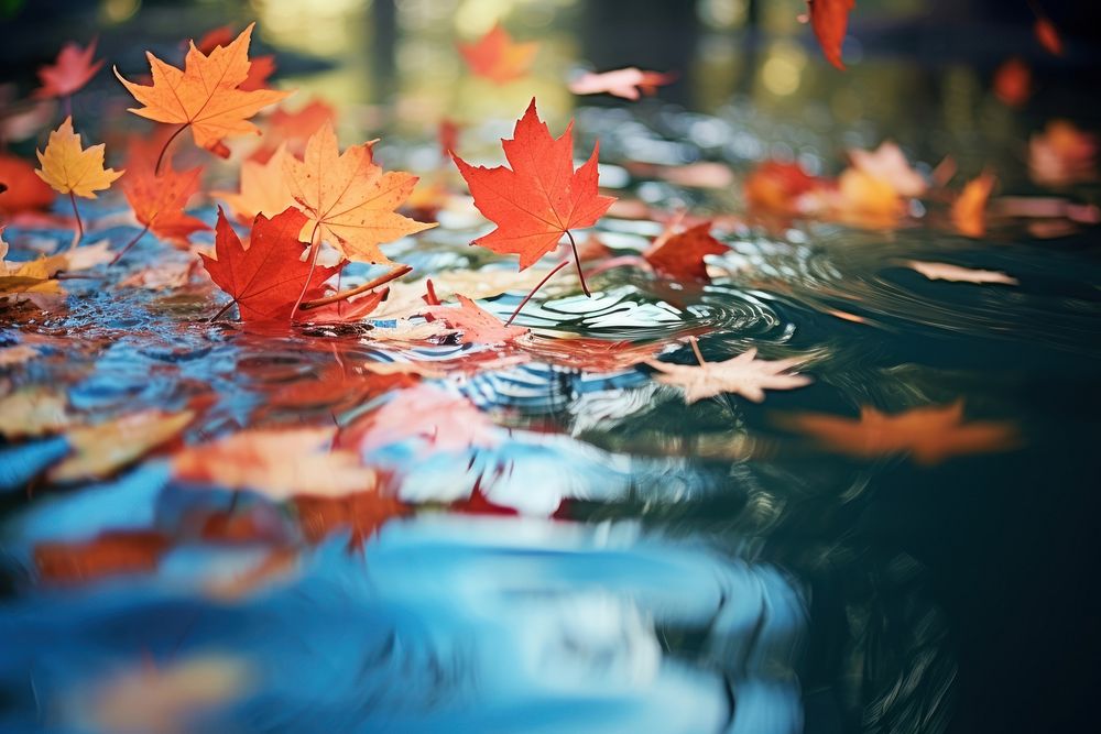Fall leaves focus on water outdoors autumn plant. AI generated Image by rawpixel.