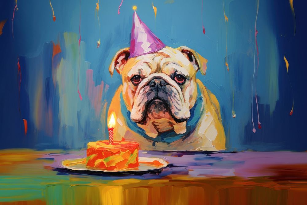 Bulldog wear birthday hat cake dessert mammal. AI generated Image by rawpixel.