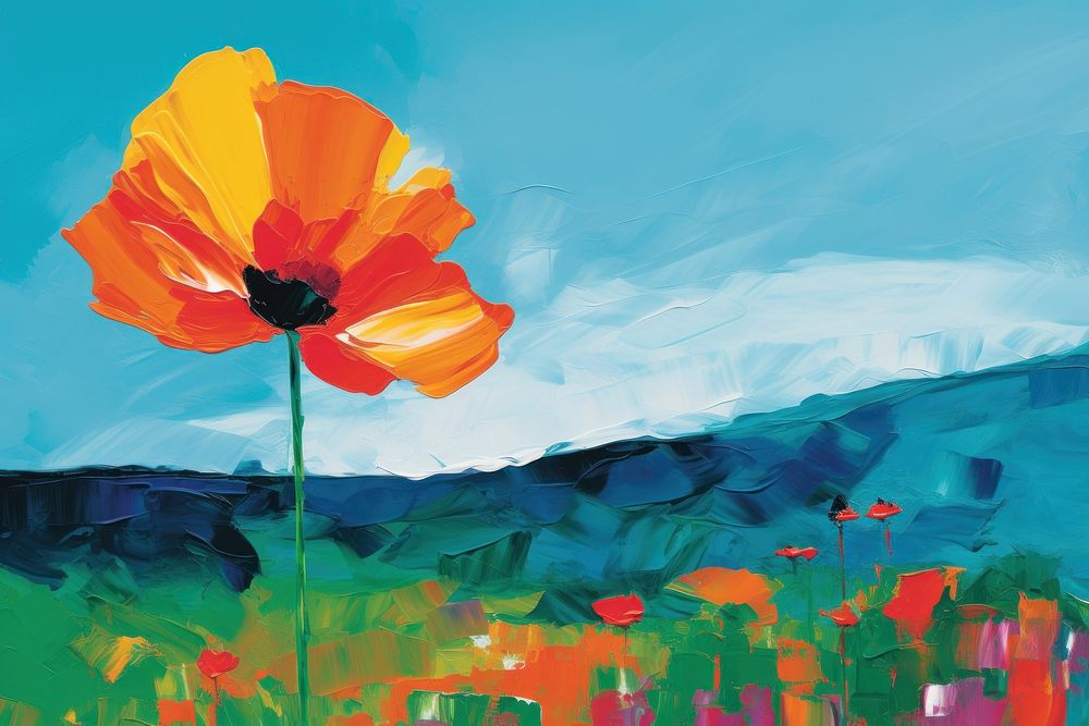 Simple flower with lawn on hill painting poppy plant. AI generated Image by rawpixel.