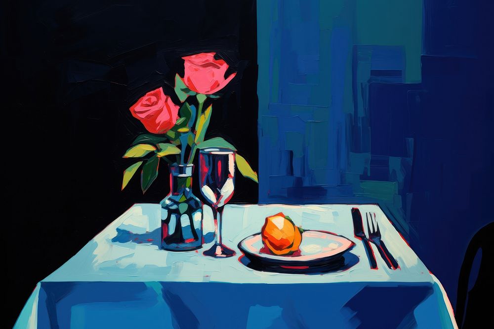 Dinner table with rose in vase painting restaurant furniture. AI generated Image by rawpixel.
