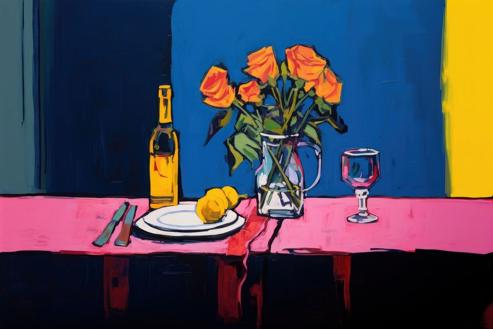 Dinner table with rose in vase painting restaurant glass. AI generated Image by rawpixel.