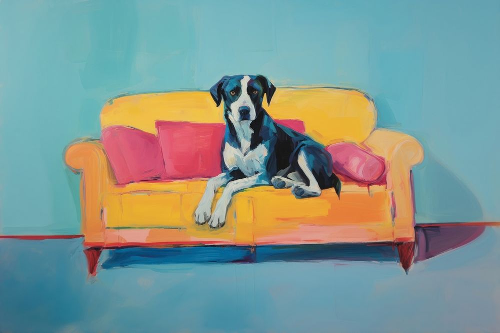 Dog sitting on couch dog furniture painting. AI generated Image by rawpixel.