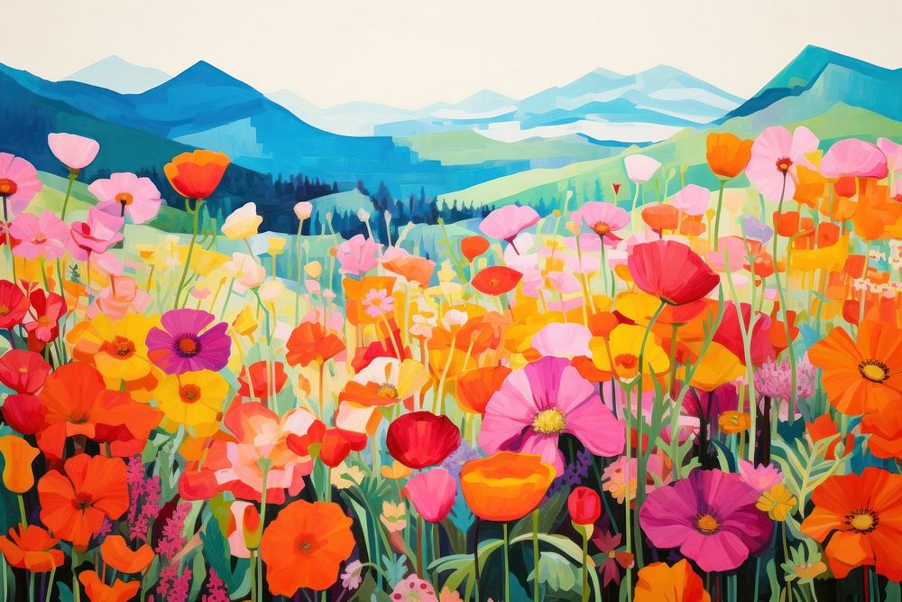 Flower garden on hill painting outdoors nature. AI generated Image by rawpixel.