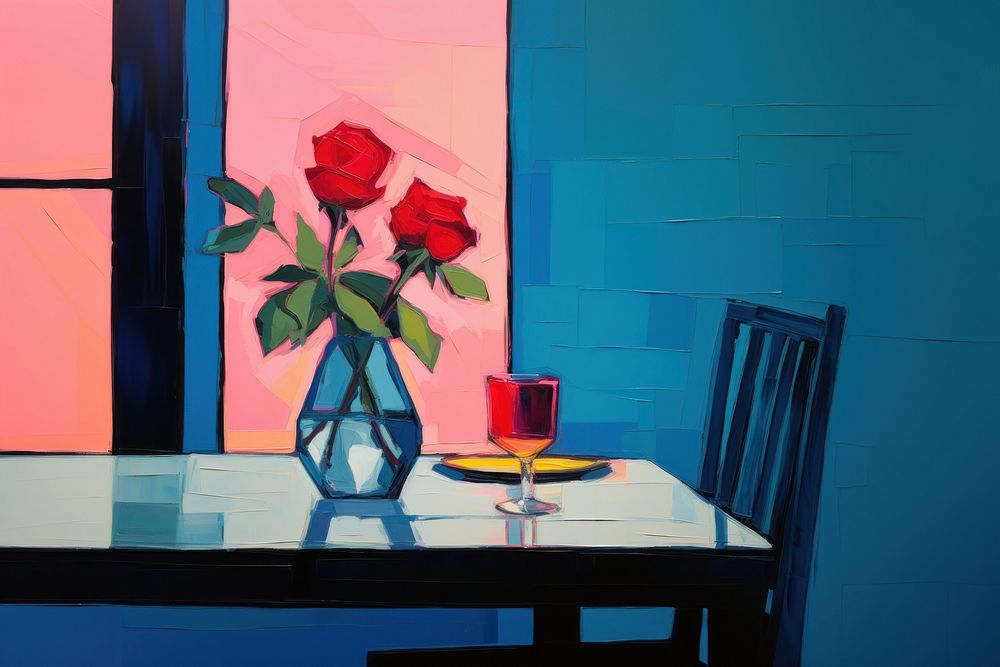 Dinner table with rose in vase painting furniture flower. AI generated Image by rawpixel.
