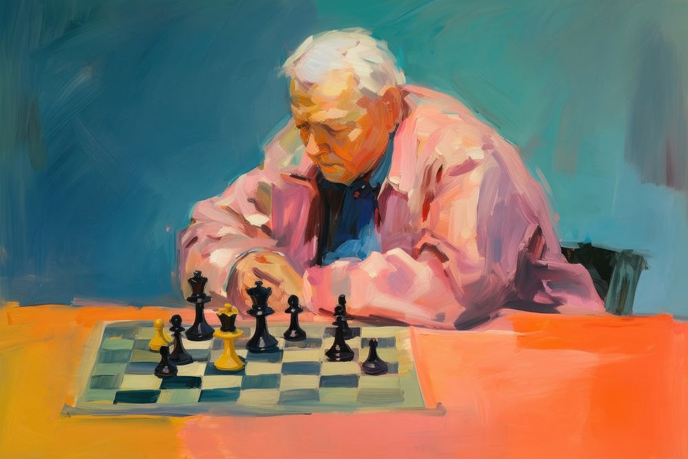 Chubby old man playing chess painting game concentration. AI generated Image by rawpixel.