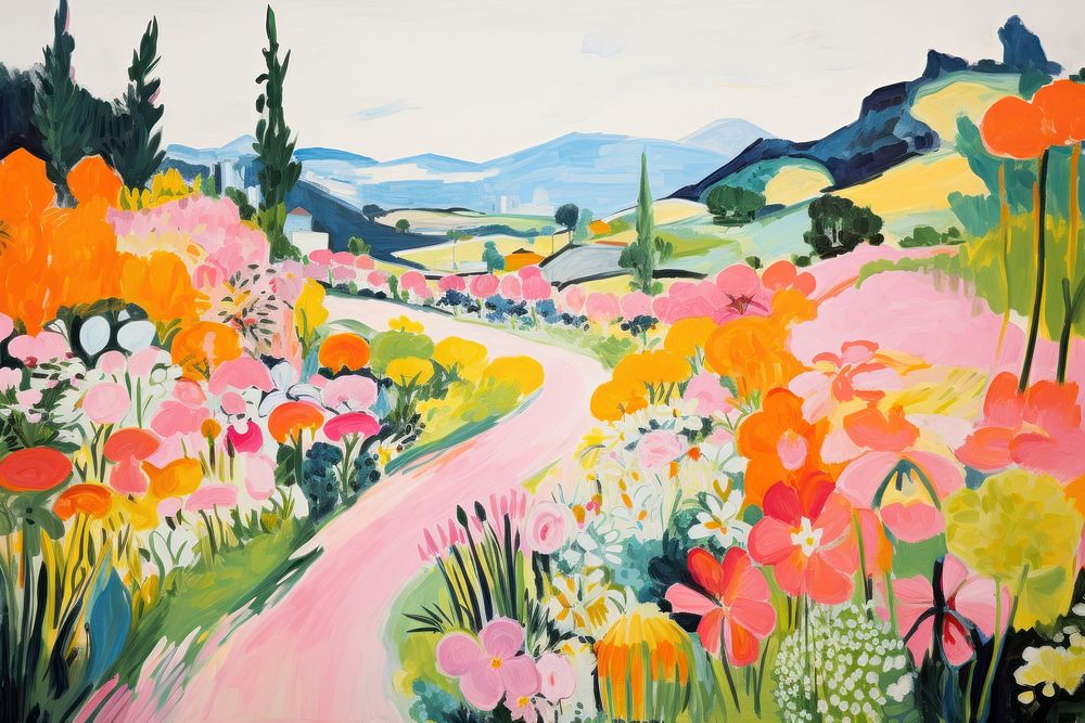 Flower garden on hill painting outdoors pattern. AI generated Image by rawpixel.