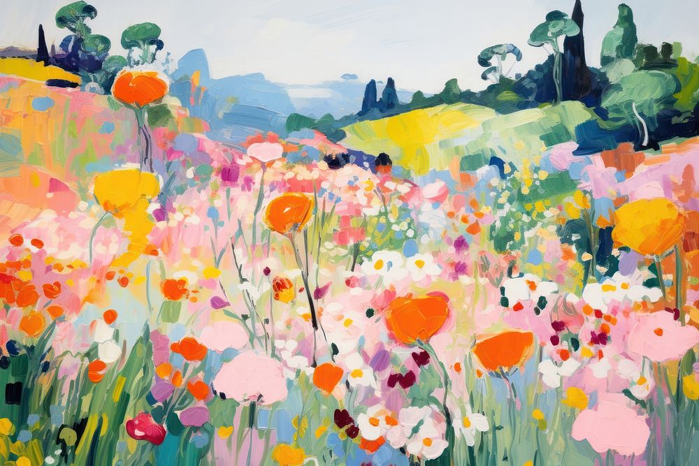 Flower garden on hill painting backgrounds outdoors. AI generated Image by rawpixel.