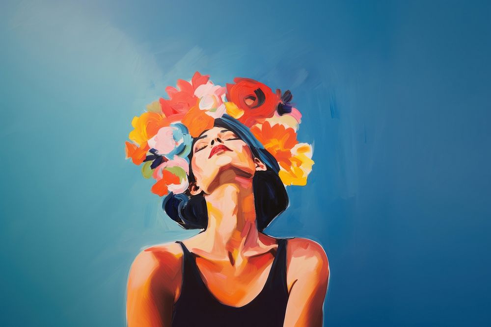 Woman with flower out of head painting portrait adult. AI generated Image by rawpixel.