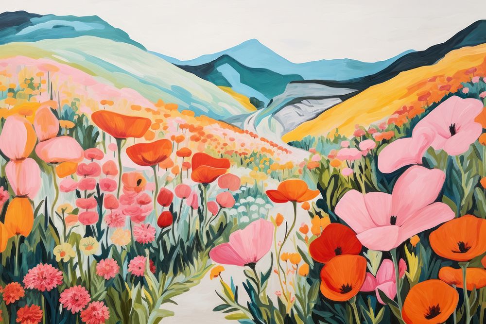 Flower garden on hill painting drawing plant. AI generated Image by rawpixel.