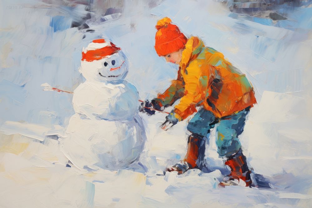 Kid building a snowman painting outdoors winter. AI generated Image by rawpixel.
