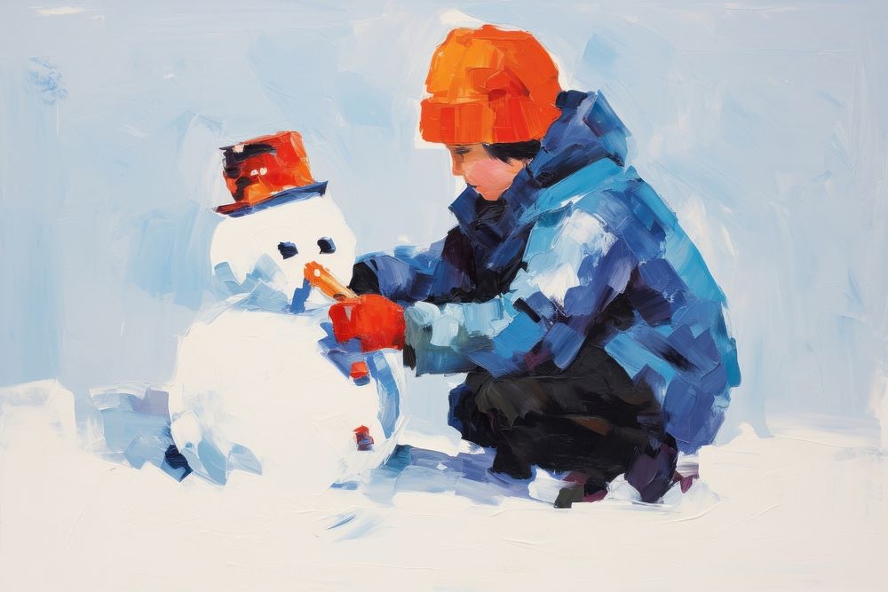 Kid building a snowman painting winter representation. AI generated Image by rawpixel.