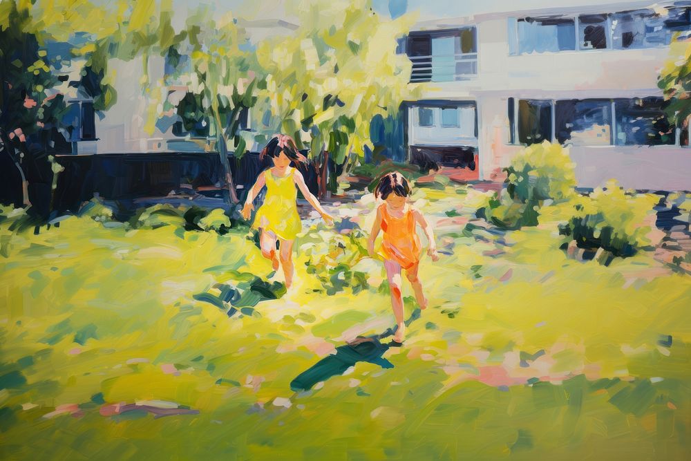 2 girls playing in the back yard painting walking plant. AI generated Image by rawpixel.