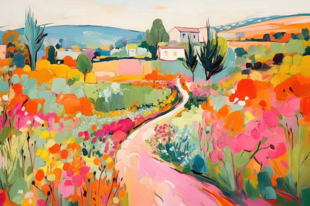 Flower garden on hill painting outdoors nature. AI generated Image by rawpixel.