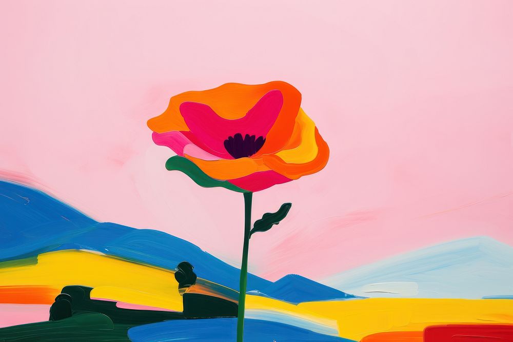 Simple flower with lawn on hill painting poppy plant. AI generated Image by rawpixel.