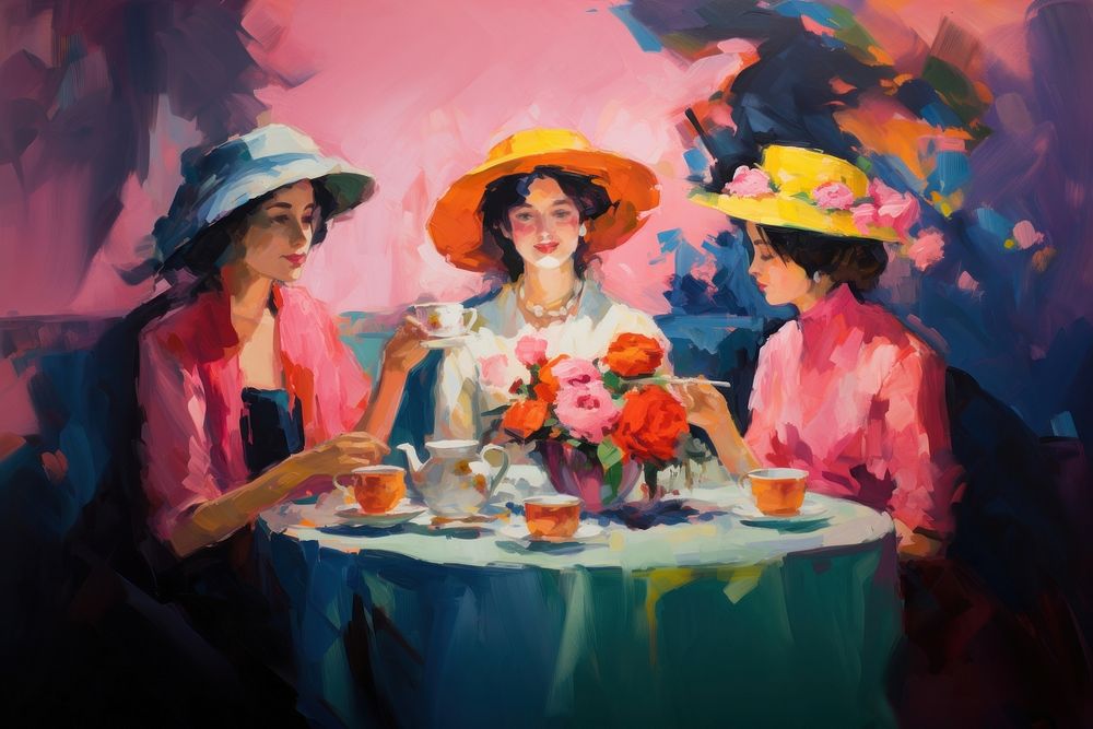 Tea party painting adult togetherness. AI generated Image by rawpixel.