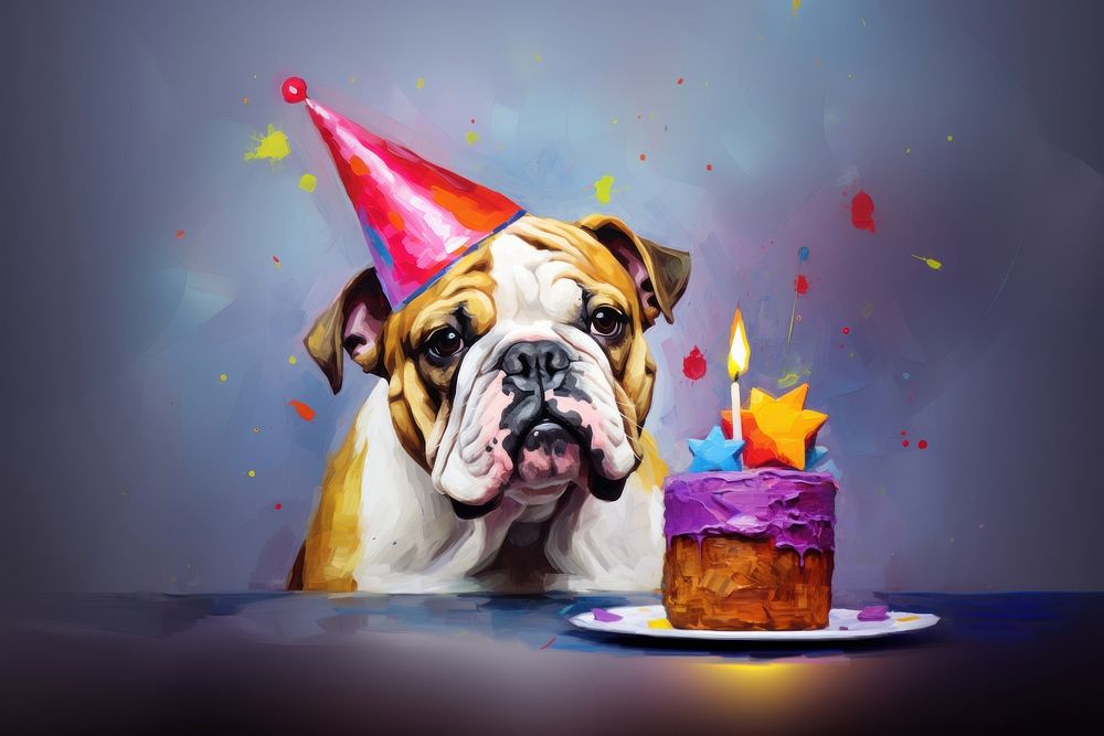 Bulldog wear birthday hat cake dessert mammal. AI generated Image by rawpixel.