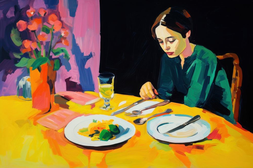 Woman eat dinner painting table plate. AI generated Image by rawpixel.