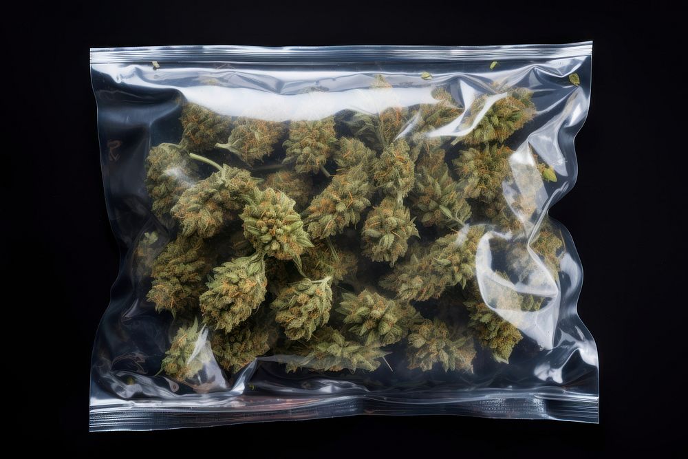 Cannabis in plastic bag plant food black background. AI generated Image by rawpixel.