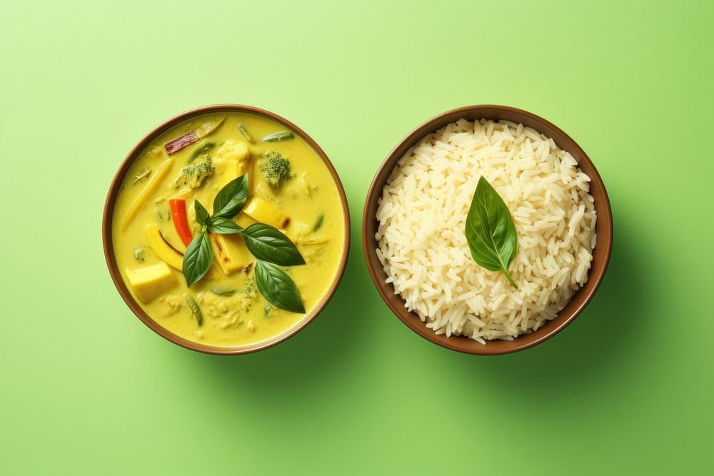 Thai green curry and the other half rice yellow food meal. AI generated Image by rawpixel.