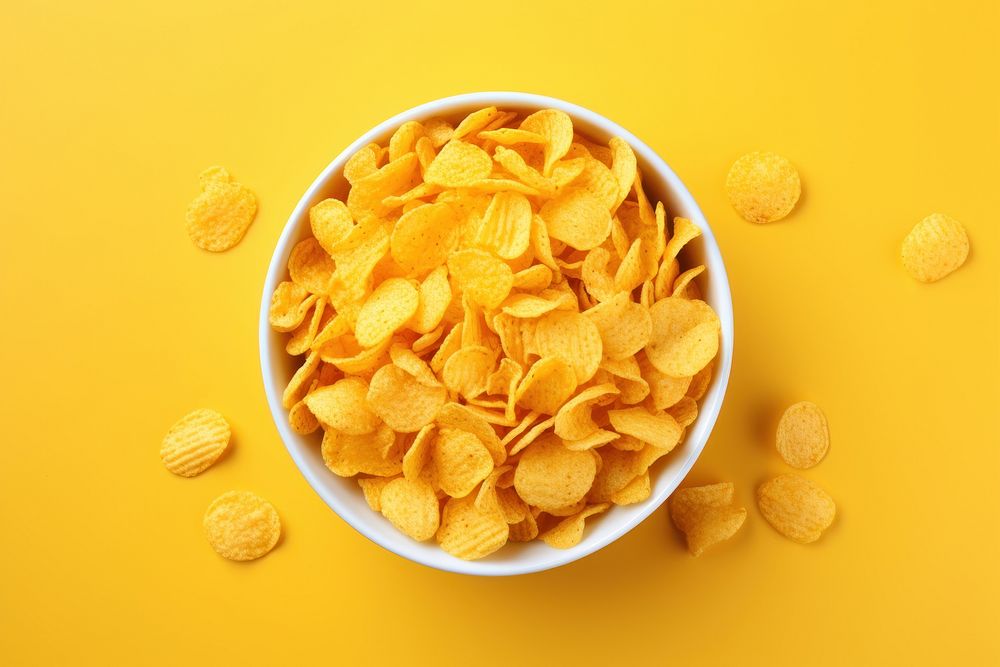Corn flakes in bowl freshness yellow snack. AI generated Image by rawpixel.