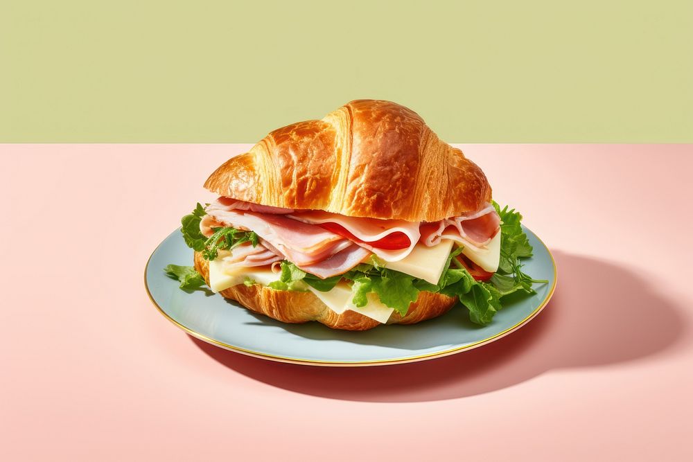 French croissant sandwich ham lettuce table. AI generated Image by rawpixel.