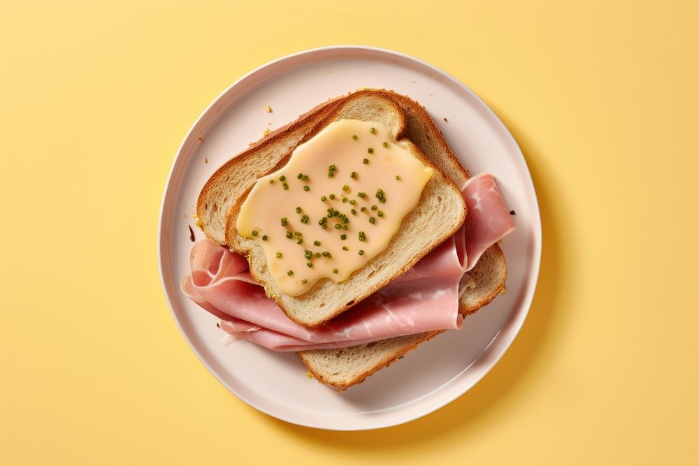 Ham and cheese sandwich with mustard and onion on white plate bread food meat. AI generated Image by rawpixel.
