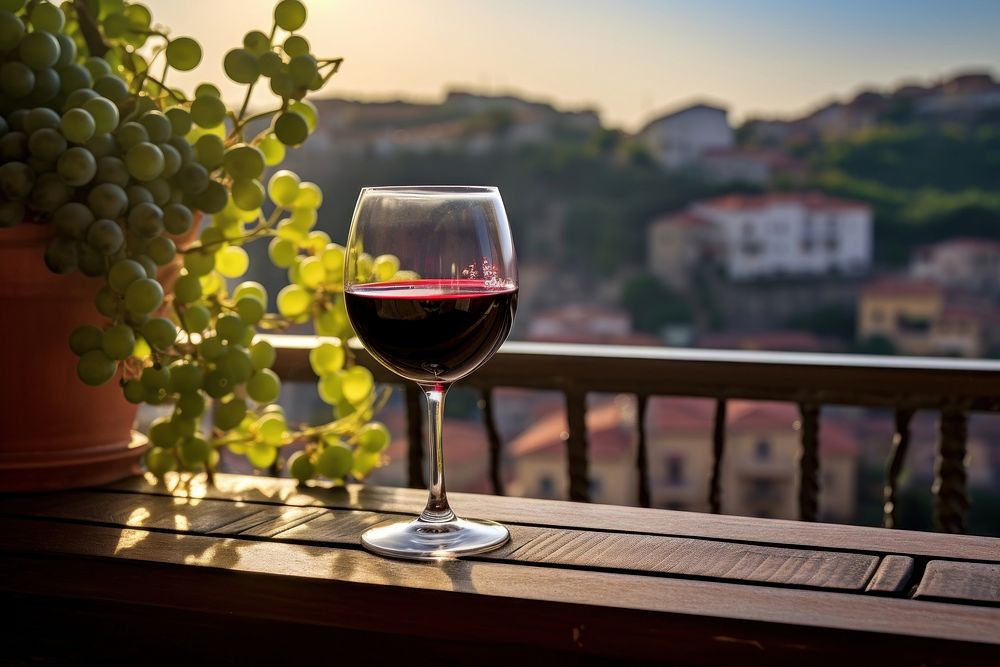 Glass of red wine focus on the balcony in europe outdoors nature drink. AI generated Image by rawpixel.