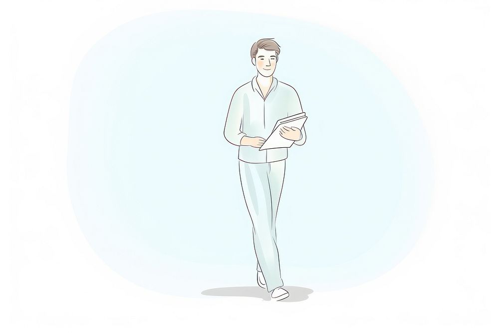 Man walking holding tablet cartoon drawing sketch. AI generated Image by rawpixel.
