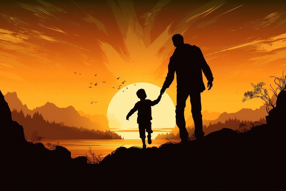Happy dad and son silhouette backlighting outdoors. AI generated Image by rawpixel.