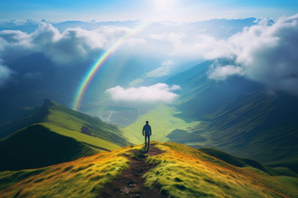Man walking on the grassy mountain top rainbow landscape adventure. AI generated Image by rawpixel.