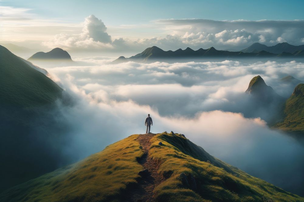 Man walking on the grassy mountain top fog landscape adventure. AI generated Image by rawpixel.