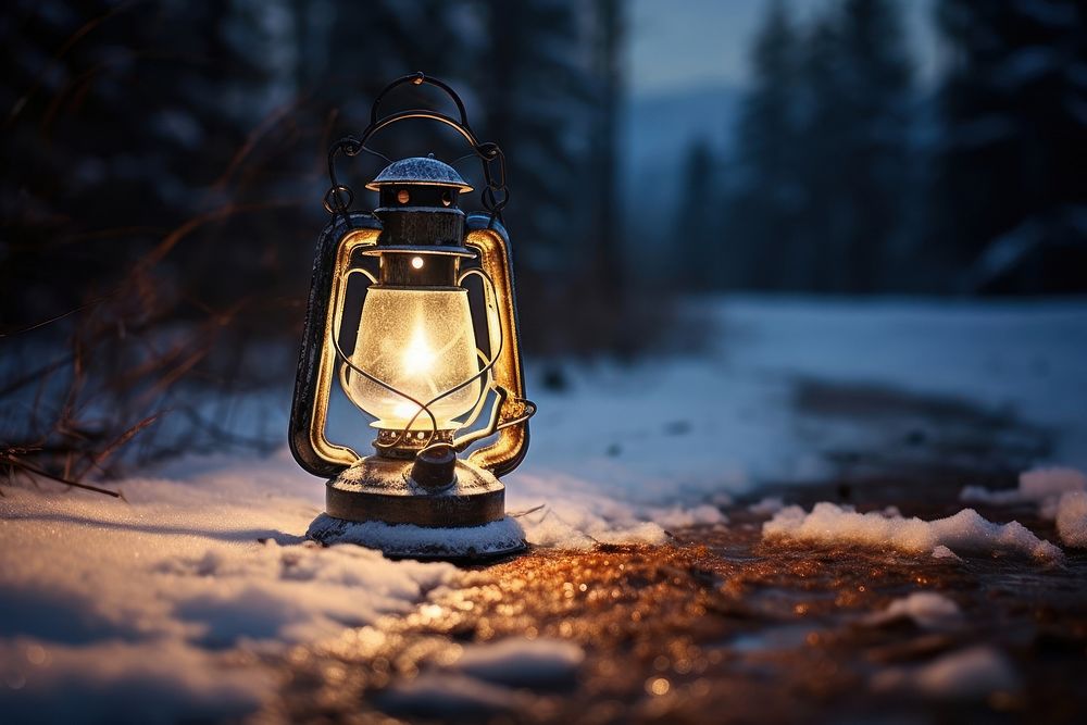 Lantern on the ground in winter lamp illuminated tranquility. AI generated Image by rawpixel.