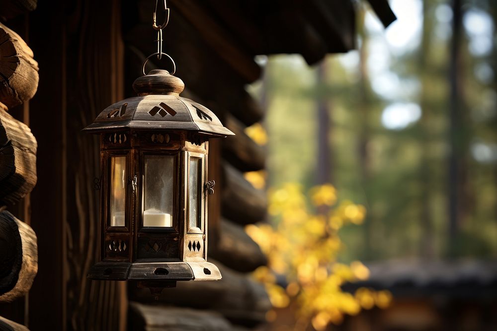 Lantern focus hanging from wooden house architecture illuminated decoration. AI generated Image by rawpixel.