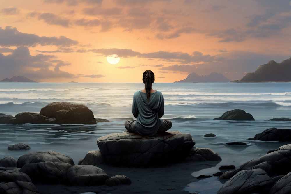 Meditating on the rocky beach outdoors sitting nature. AI generated Image by rawpixel.