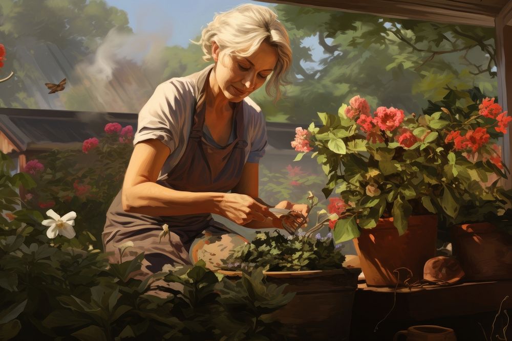 Middle aged woman gardener tending to plants gardening flower nature. AI generated Image by rawpixel.